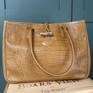 LONGCHOMP Paris Roseau Croc Embossed Leather Top Handle Tote Bag Made in Tunisia